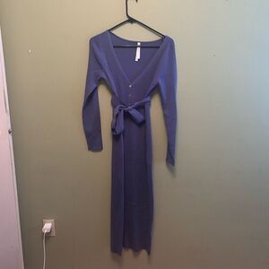Babaton Long Sleeve Blue Knit Wrap Dress with Tie